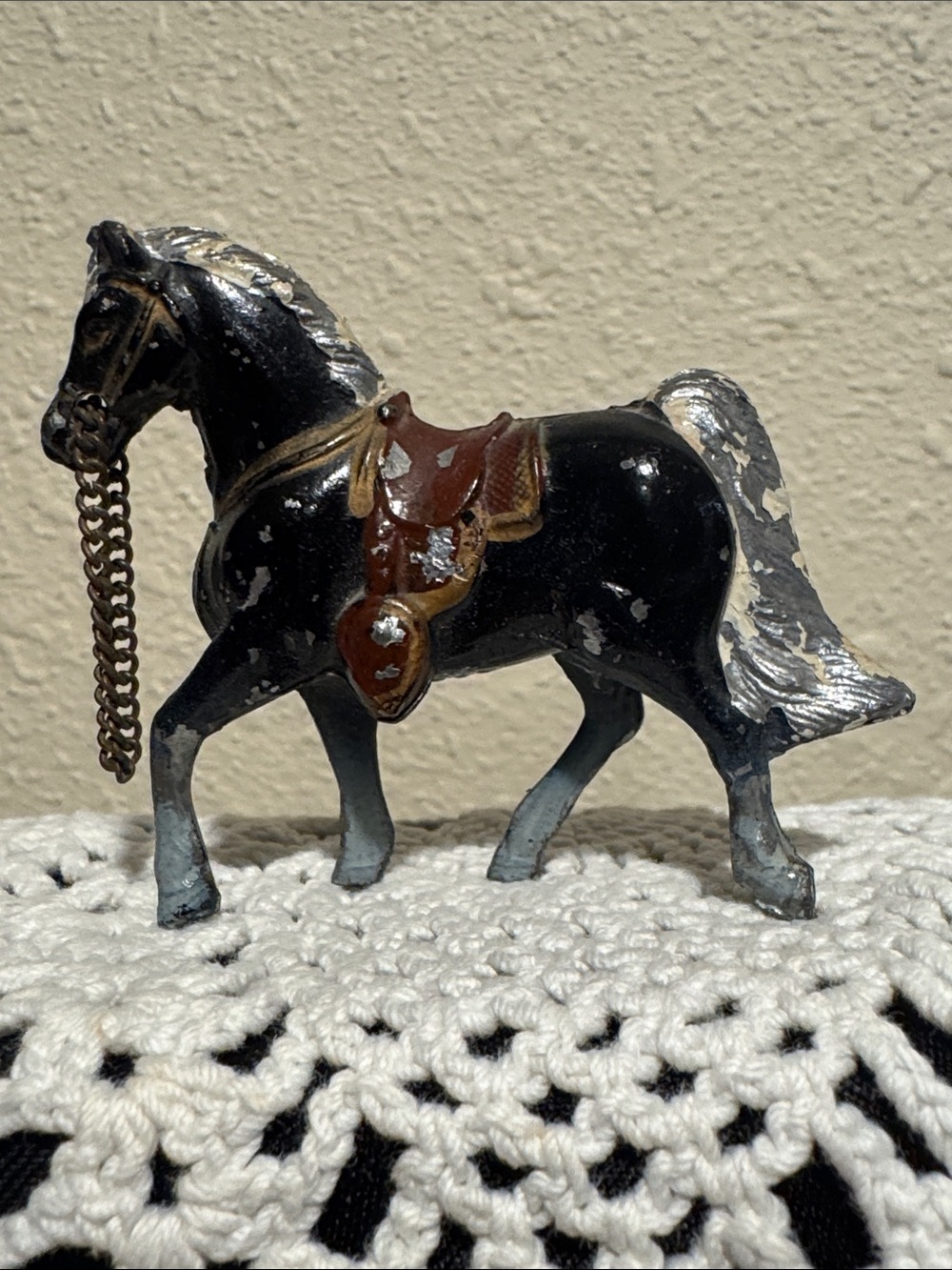 Vintage Black Horse Figurine with Brown Saddle